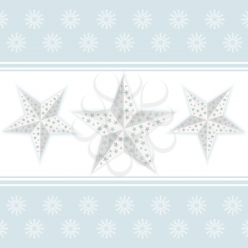 White Chistmas stars on a white background with blue border and snowflakes