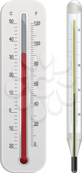glass weather thermometer and white plastic weather thermometer