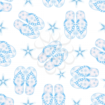 Blue flipflops and starfish in a seamless background pattern