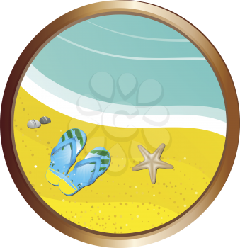 Tropical beach with flip flops, sea and starfish in a gold edged border
