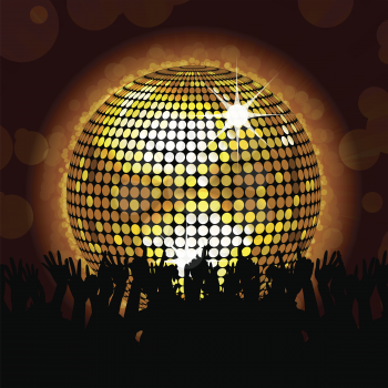 gold disco ball on a glowing background with crowd partying