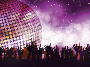 Sparkling disco ball with crowd partying on a glowing background