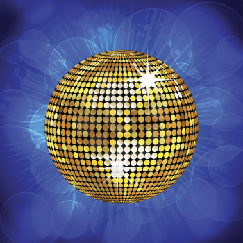 sparkling gold disco ball on a blue starburst background