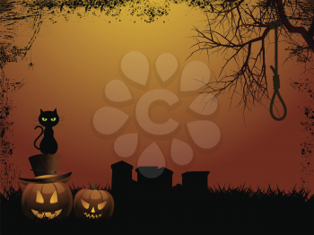 Halloween background with pumpkins, graveyard, tree and hangmans noose
