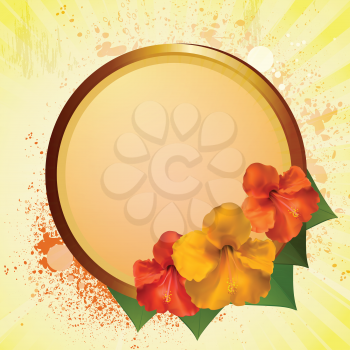 orange and yellow hibiscus flowers on a circular black with gold edge against a grunge background