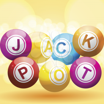 lottery or bingo balls spelling out the word 'jackpot' on an organge background with light flares