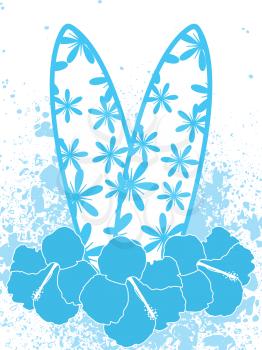 surfboards with blue flowers and hibiscus flowers on a grunge background