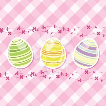 Easter eggs background with striped eggs on pink gingham