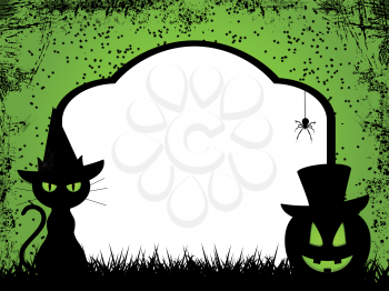 Grungy halloween background wih black cat and pumpkin in front of tomb stone