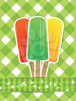 Fruit ice lollies on a green gingham background