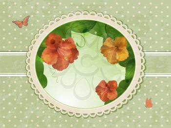 Vintage hibiscus flower border on a green distressed background