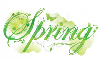 Spring ornate text with butterflies, clouds and flowers on a white background