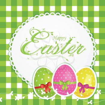 Easter border with ornate 'Happy Easter' message and decorated Easter eggs on green gingham