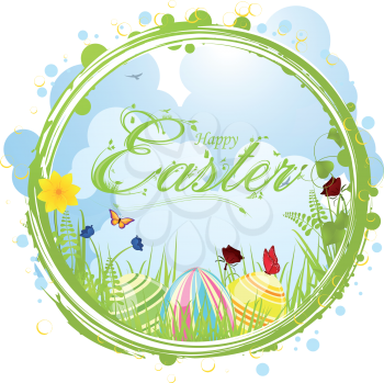 Easter backround with decorative text and eggs in a floral spring border