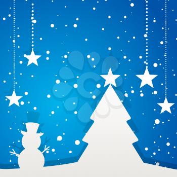 Royalty Free Clipart Image of a Snowman and Christmas Tree Background
