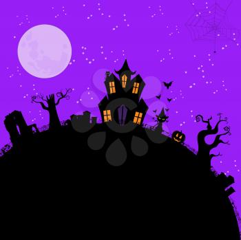 Halloween Vector Background with Spooky House, Pumpkin, Grave Yard and Black Cat.
