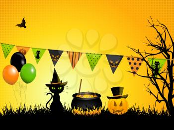 Halloween party vector background with witch's cat, cauldron and pumpkin
