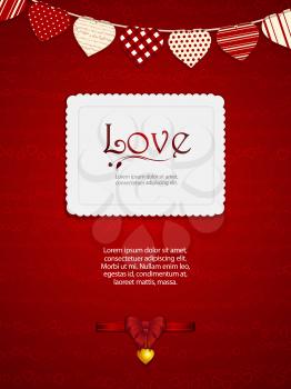 Valentine background with embossed card, sample text and bow and pendant on a red background with bunting