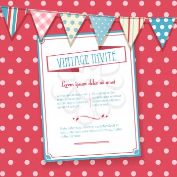 Vintage Invite on a pink polka dot background with bunting