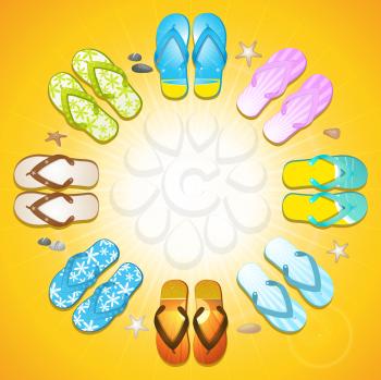 Colourful flipflop border on golden yellow background