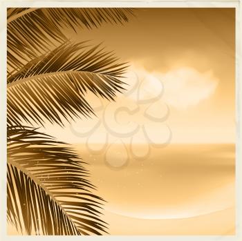 Vintage Sepia Tropical Scene With palm trees and Ocean View