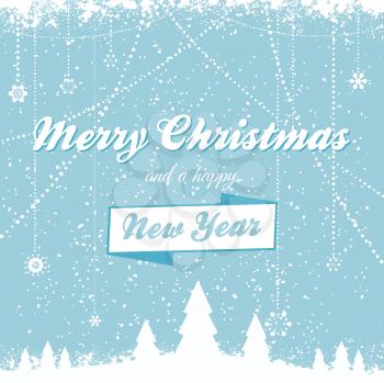 Christmas Vector with Festive Message over Trees, Snow and Decorative Blue Background 