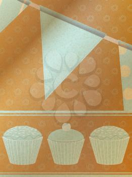 Cupcakes and Bunting on Vintage Blue over Decorated Brown Paper