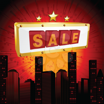 Gold and Red Sale Sign over Abstract Cityscape Background