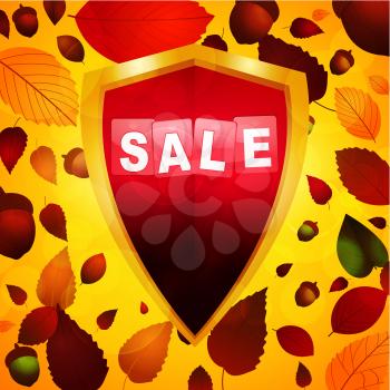 Sale Label over a Shield on Autumn Leafs Background