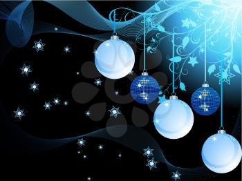Christmas Blue Background with Baubles Waves Stars and Floral 