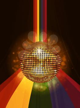 Glowing Golden Disco Ball Over Rainbow Background