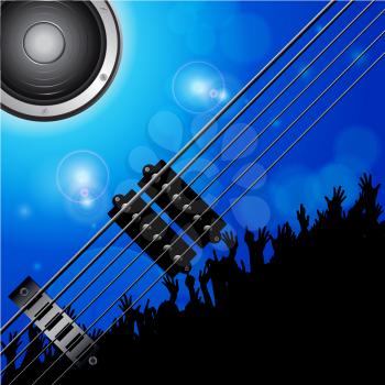 Electric Guitar Strings Loudspeaker and Crowd Over Blue Glowing Background
