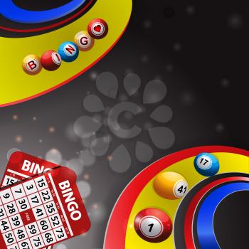 Bingo Balls Rolling Over Multi Coloured Swirls on Glowing Grey Background with Bingo Cards