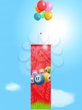 Red Banner with Bingo Balls Bingo Cards and Grass Flying with Balloons Over Blue Sunny Sky