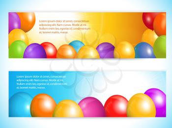 Balloon banner on a sunset background and balloon banner on a blue sky background with sample text