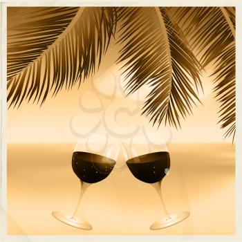Vintage Sepia Tropical Scene with Wine Glasses Toasting Under a Palm Tree