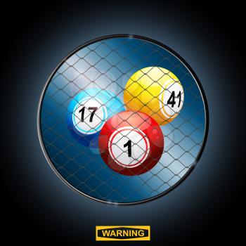 Bingo Balls in a Circular Metallic Cage Border with Warning Sign and Lens Flares