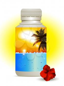Plastic Bottle with Colorful Label with Blue Sea and Bubbles and Sunny Yellow Sky with Palm Tree and Hibiscus on the Side