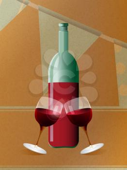 Red Wine Bottle and Tilting Glasses Over Brown Paper and Bunting Background