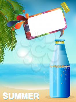 Blue Plastic Bottle with Sparkling Drink and Open Lid with Speech Bubble and Text