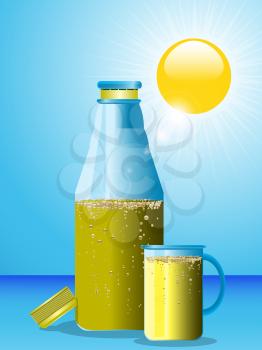 Blue Bottle and Glass with Sparkling Yellow Drink Over Blue Sky with Sun