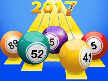Bingo Balls Over Yellow Stripes with 2017 in Numbers on Blue Background