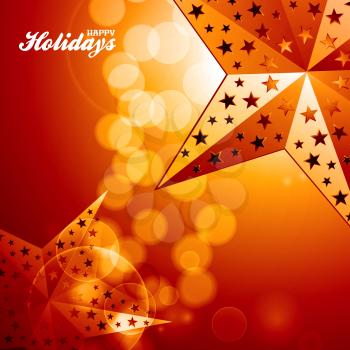 Happy Holidays Red and Yellow Glowing Background with 3D Illustration of Golden Stars 