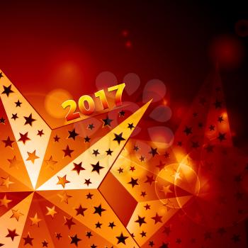 Festive Golden Glowing 3D Illustration of Stars Over Red Glowing Background with Golden Twenty Seventeen in Numbers
