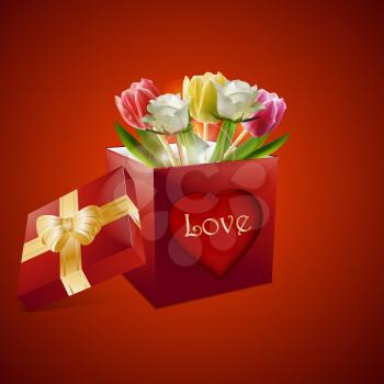 Red Gift Box with Heart and Love Text and White Roses and Tulips Inside Over Red Background