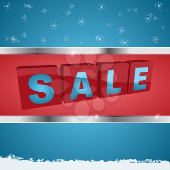 Winter Sale Background with Solid Tags Letters in Metallic Frame Over Blue Background with Snowflakes and Snow