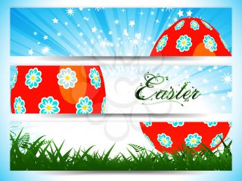 Red Decorated Easter Eggs Divided Over Three Panels with Star Burst Floral Text and Grass