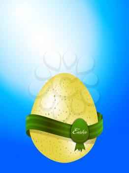3D Illustration of an Easter Egg with Green Banner and Label with Floral Text Over White and Blue Sky Portrait Background