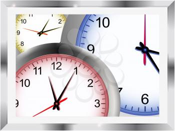 3D Illustration of Clocks in Three Different Colors in a Metallic Frame