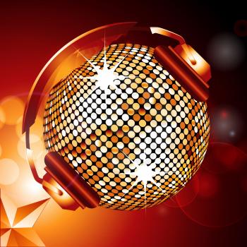 Golden Disco Ball with Headphones Over Glowing Background with Golden Star
